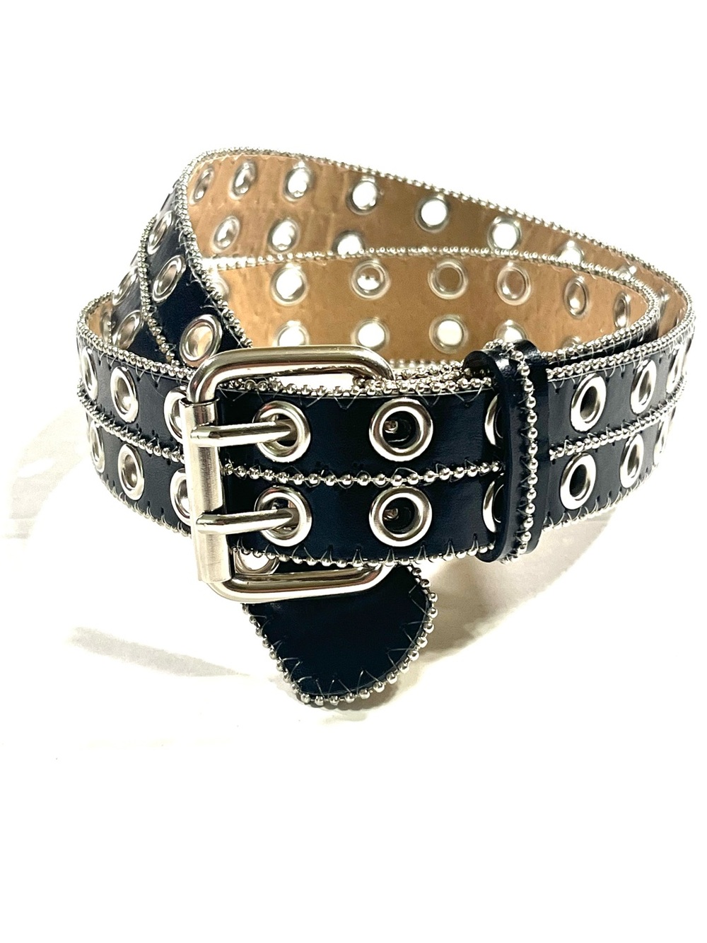 Black Double-Row Eyelet Leather Belt